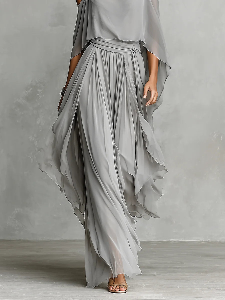 ISABELA ∙ CONJUNTO DE TOP GRIS CON HOMBROS DESCUBIERTOS Y PANTALÓN DE GASA