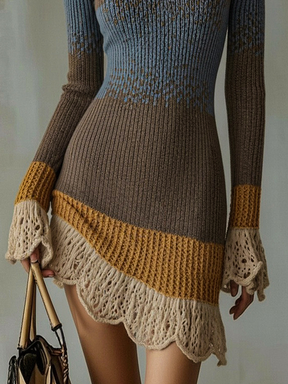 CELESTINA | VESTIDO MINI DE PUNTO MULTICOLOR CON RIBETE DE VOLANTES DE ENCAJE