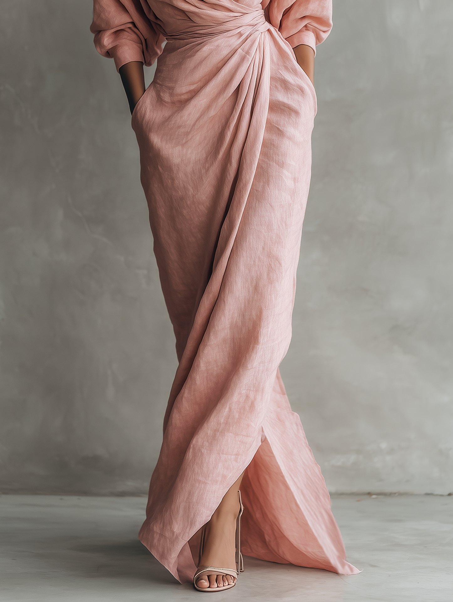 CLARA ∙ VESTIDO MAXI MINIMALISTA ROSA CON ESCOTE EN V DE MEZCLA DE LINO