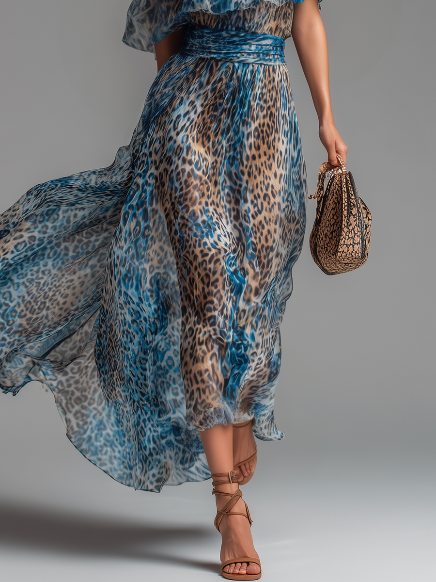 LUNA ∙ VESTIDO MAXI DE GASA CON ESTAMPADO LEOPARDO Y HOMBROS DESCUBIERTOS