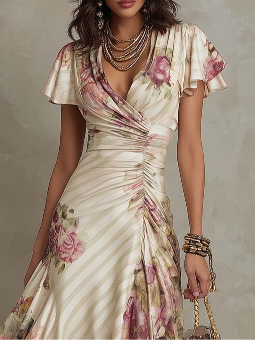 ALBA ∙ VESTIDO MIDI FLORAL ESTILO RETRO CON MANGAS DE VOLANTES