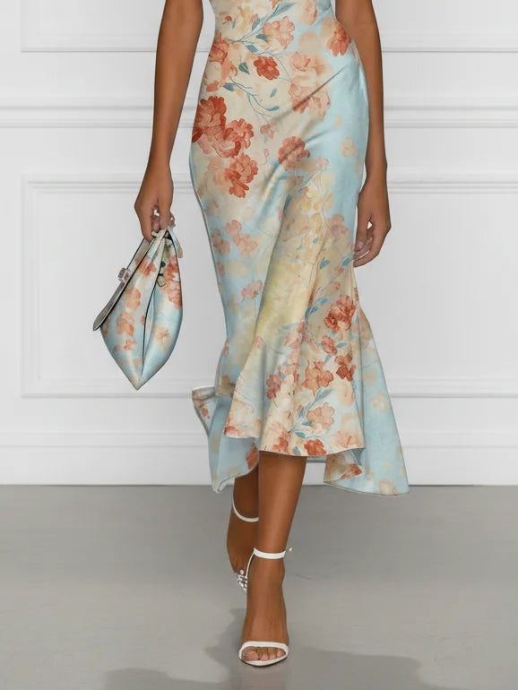 VICTORIA ∙ VESTIDO MIDI SIRENA CON HOMBROS DESCUBIERTOS Y ESTAMPADO FLORAL AZUL
