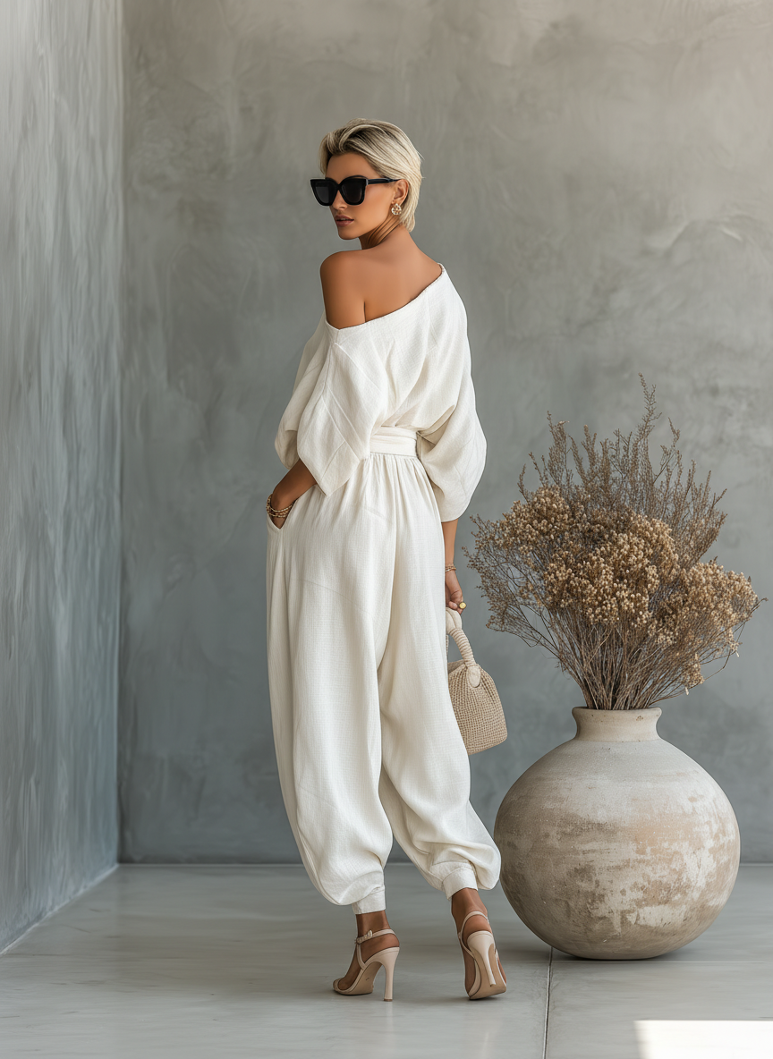 LISA | TOP SUAVE DE HOMBROS DESCUBIERTOS Y PANTALONES TAPERED