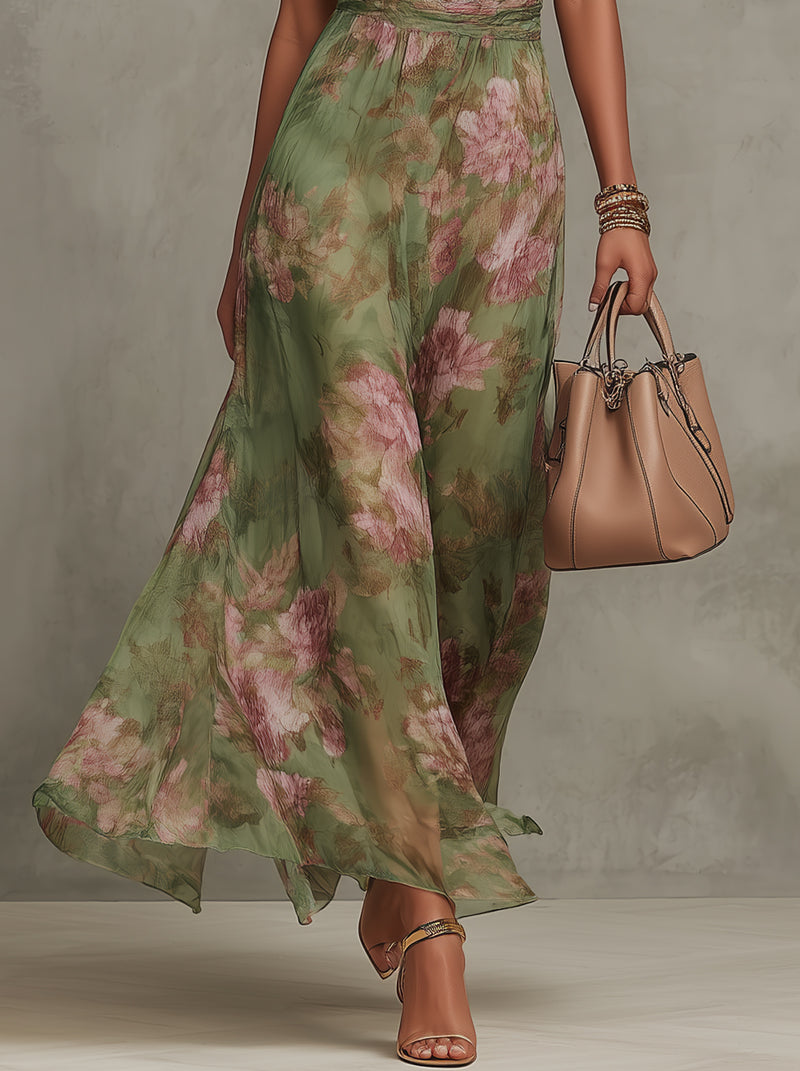SERENA ∙ VESTIDO LARGO VERDE FLORAL DE GASA