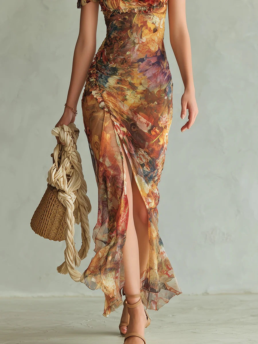VIOLA ∙ VESTIDO MAXI DE GASA CON ESTAMPADO EFECTO ÓLEO BOHO