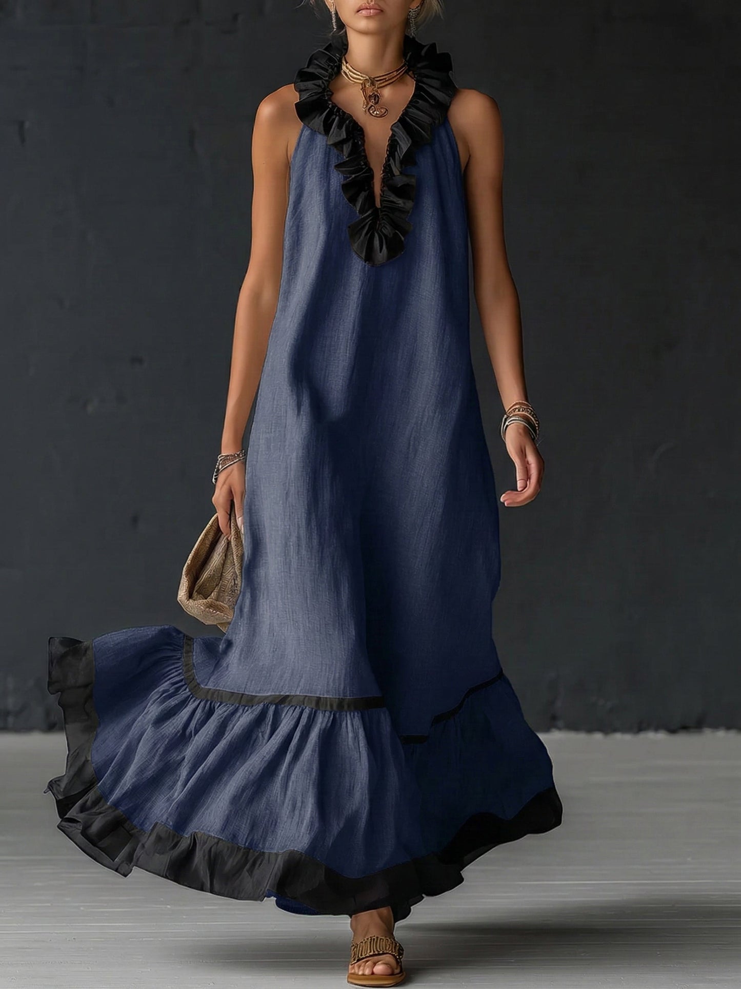 SOFIA ∙ VESTIDO MAXI ELEGANTE CON VOLANTES Y BLOQUES DE COLOR