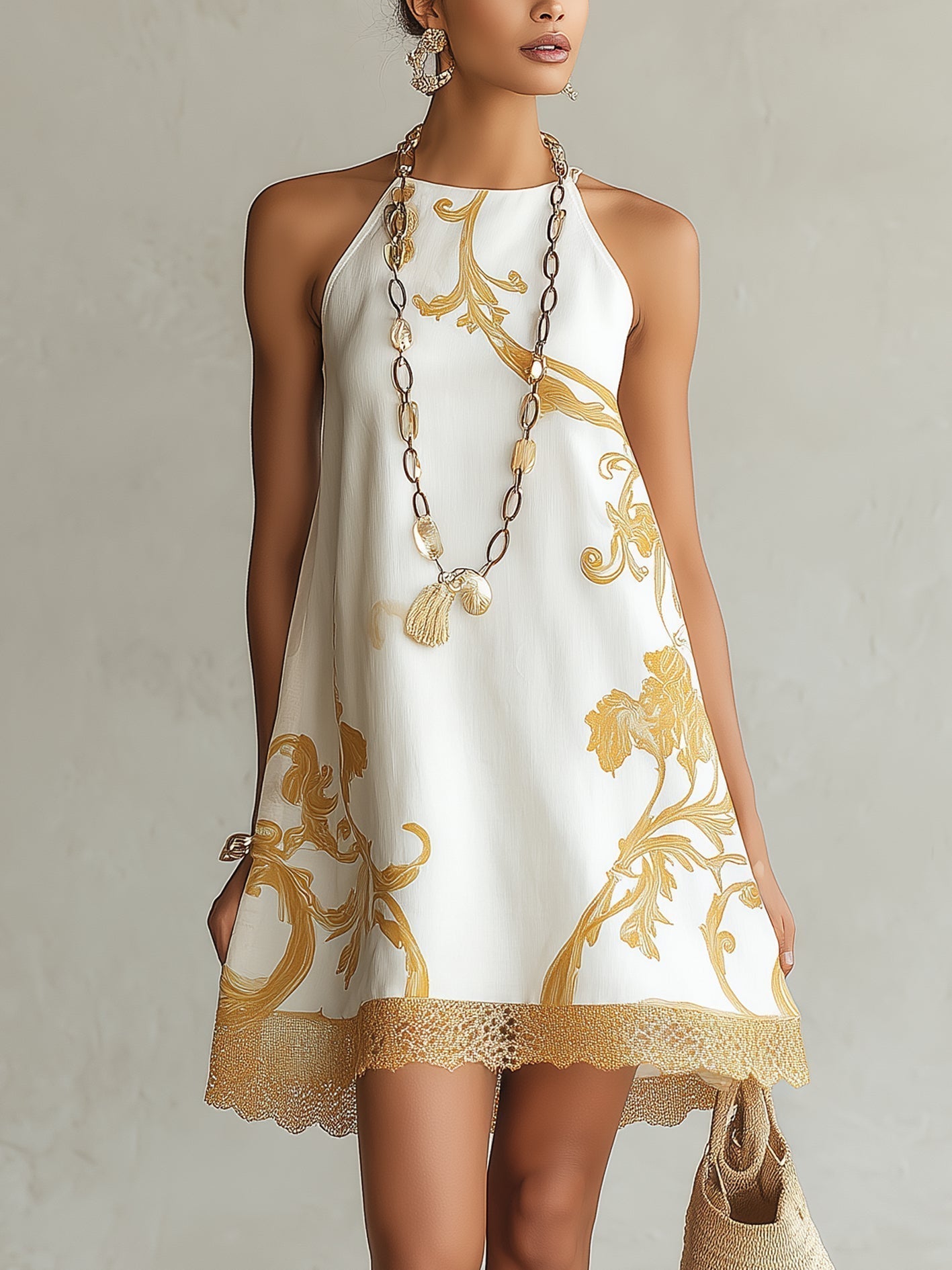 ELOÍSA | VESTIDO MINI DE ENCAJE BLANCO CON MOTIVOS DORADOS