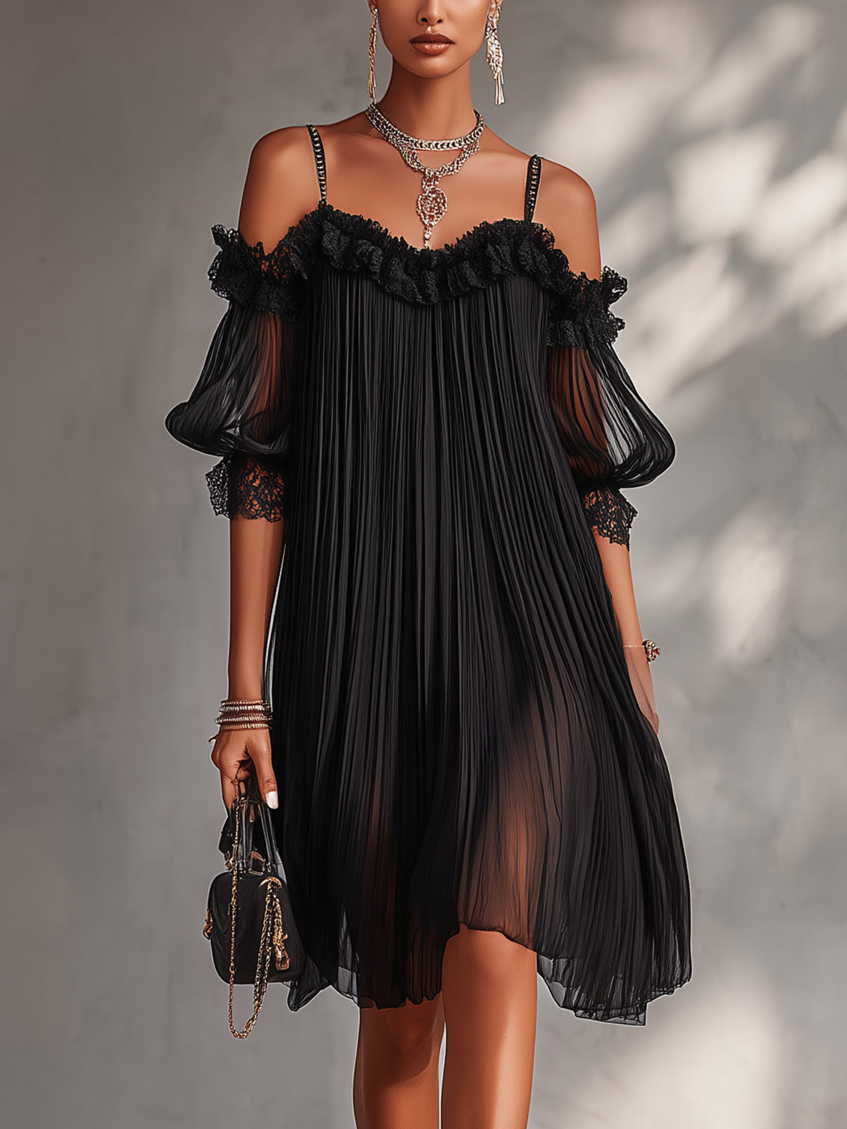 LEONIA | VESTIDO MINI NEGRO, HOMBROS DESCUBIERTOS, RIBETE DE ENCAJE