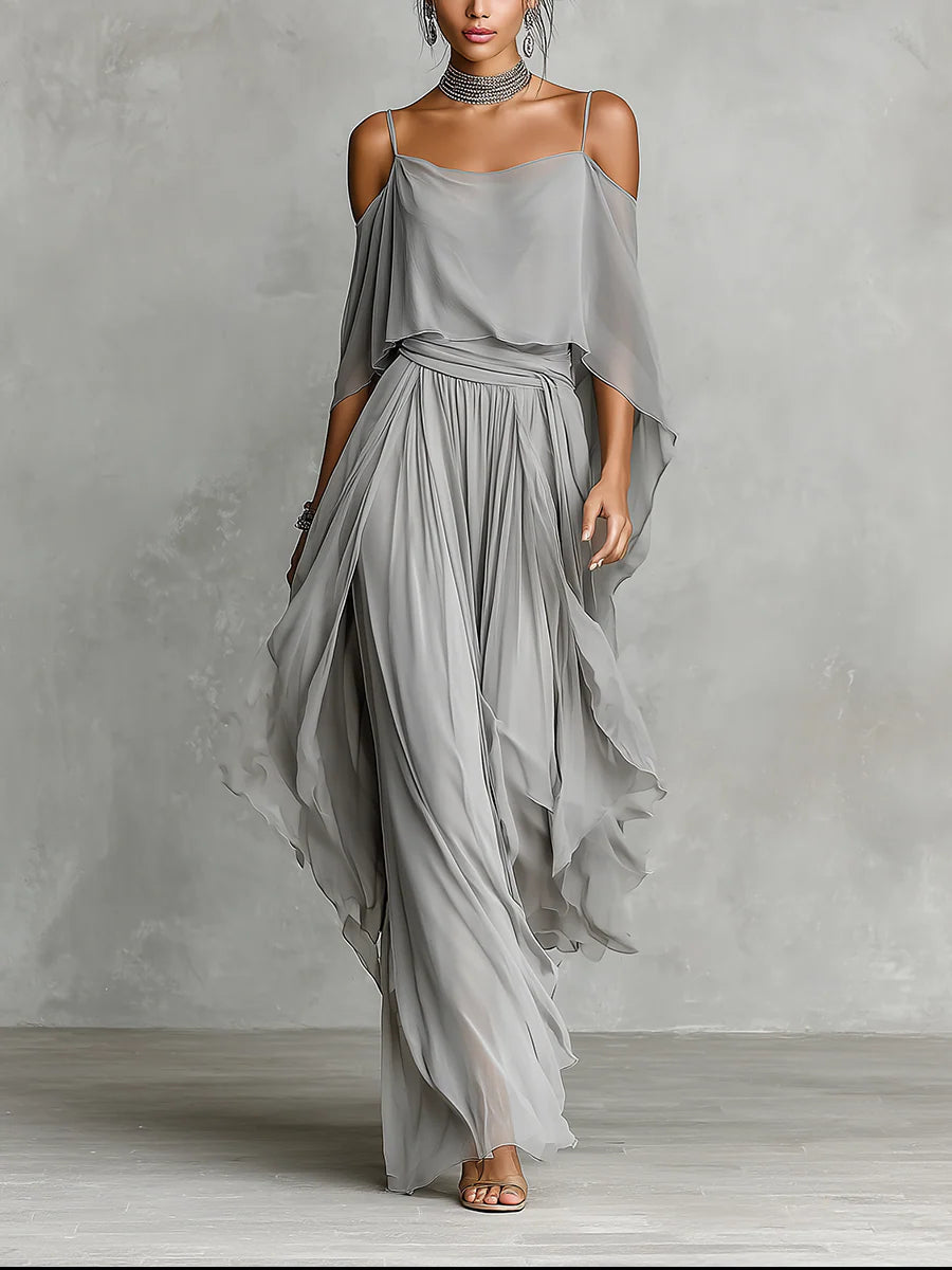 ISABELA ∙ CONJUNTO DE TOP GRIS CON HOMBROS DESCUBIERTOS Y PANTALÓN DE GASA