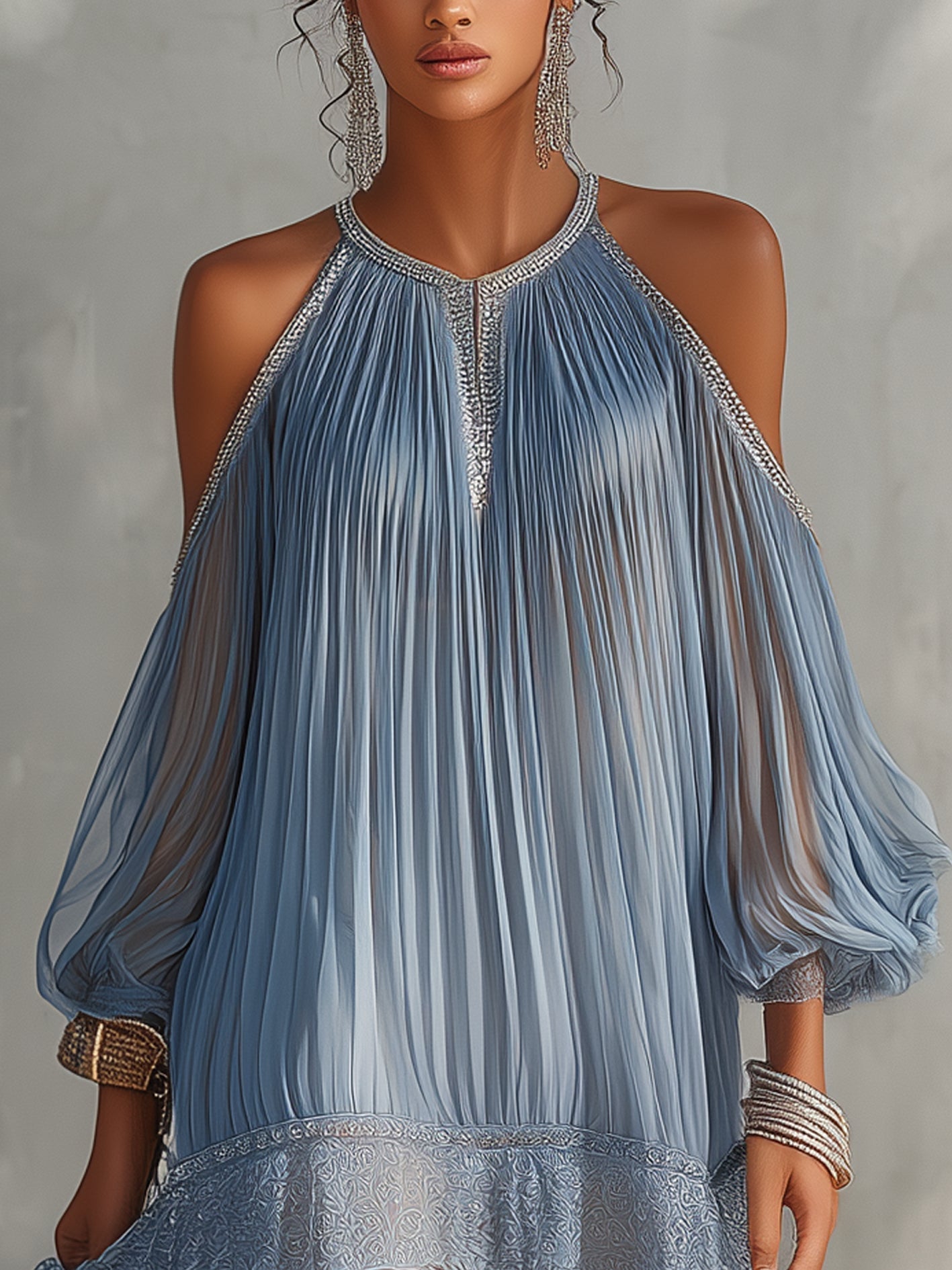 SERAFINA | VESTIDO MINI AZUL DE HOMBROS DESCUBIERTOS, FRUNCIDO Y BAJO DE ENCAJE