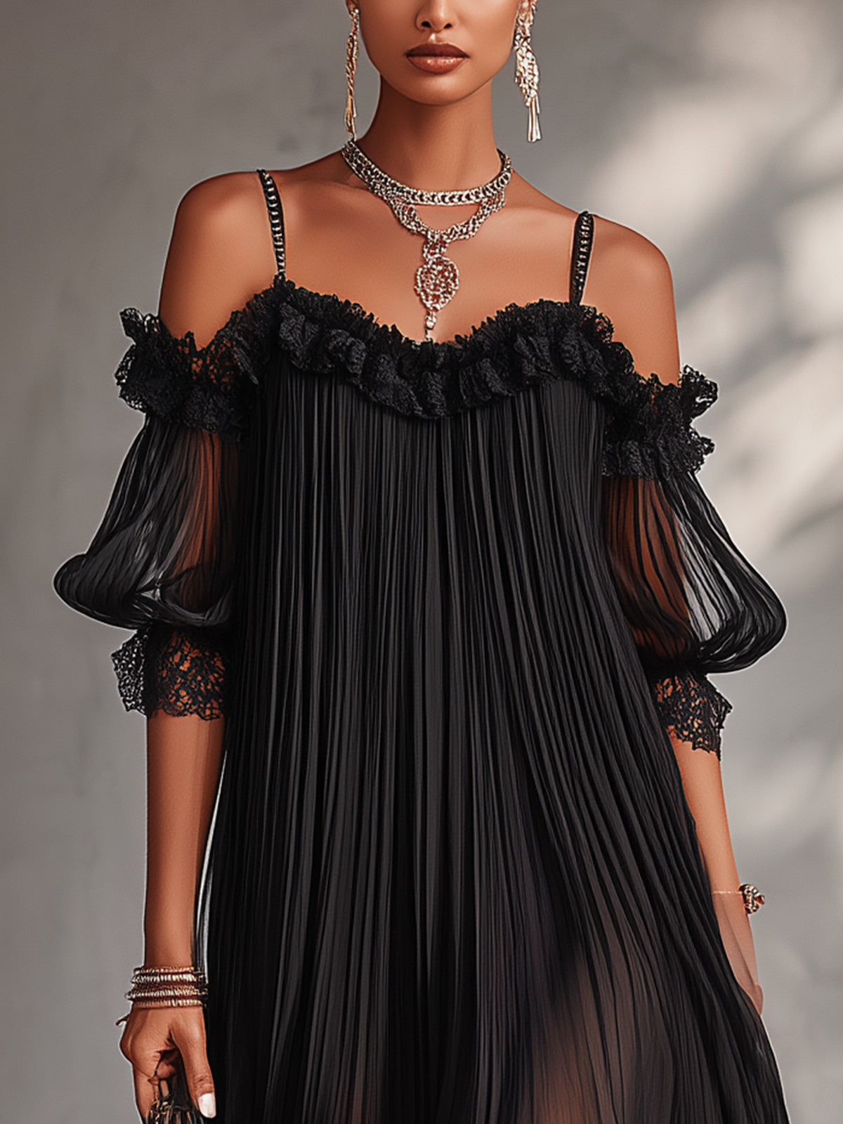 LEONIA | VESTIDO MINI NEGRO, HOMBROS DESCUBIERTOS, RIBETE DE ENCAJE