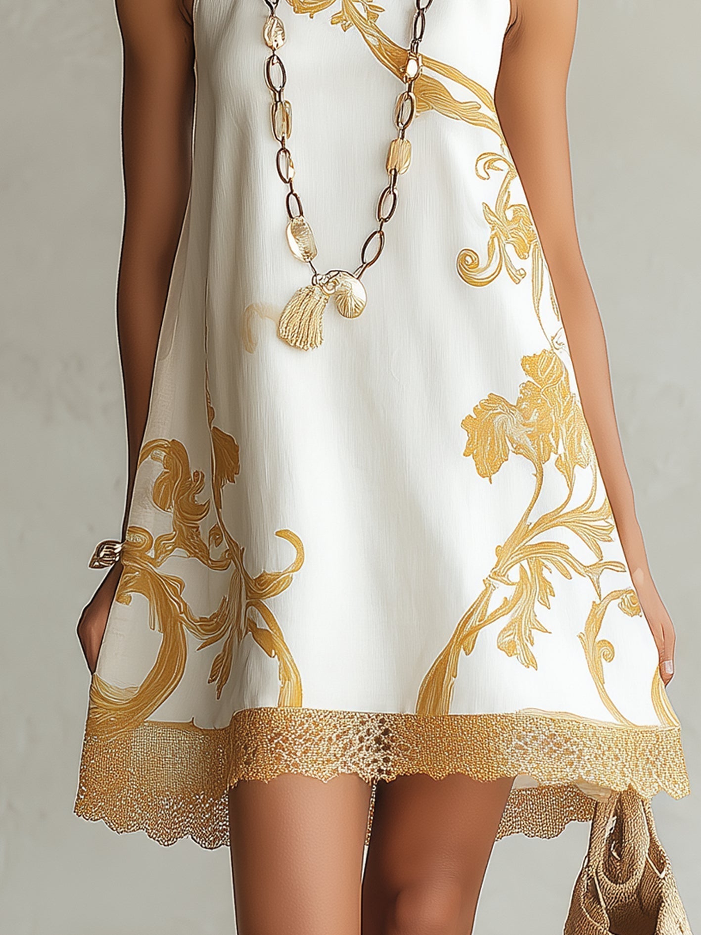 ELOÍSA | VESTIDO MINI DE ENCAJE BLANCO CON MOTIVOS DORADOS