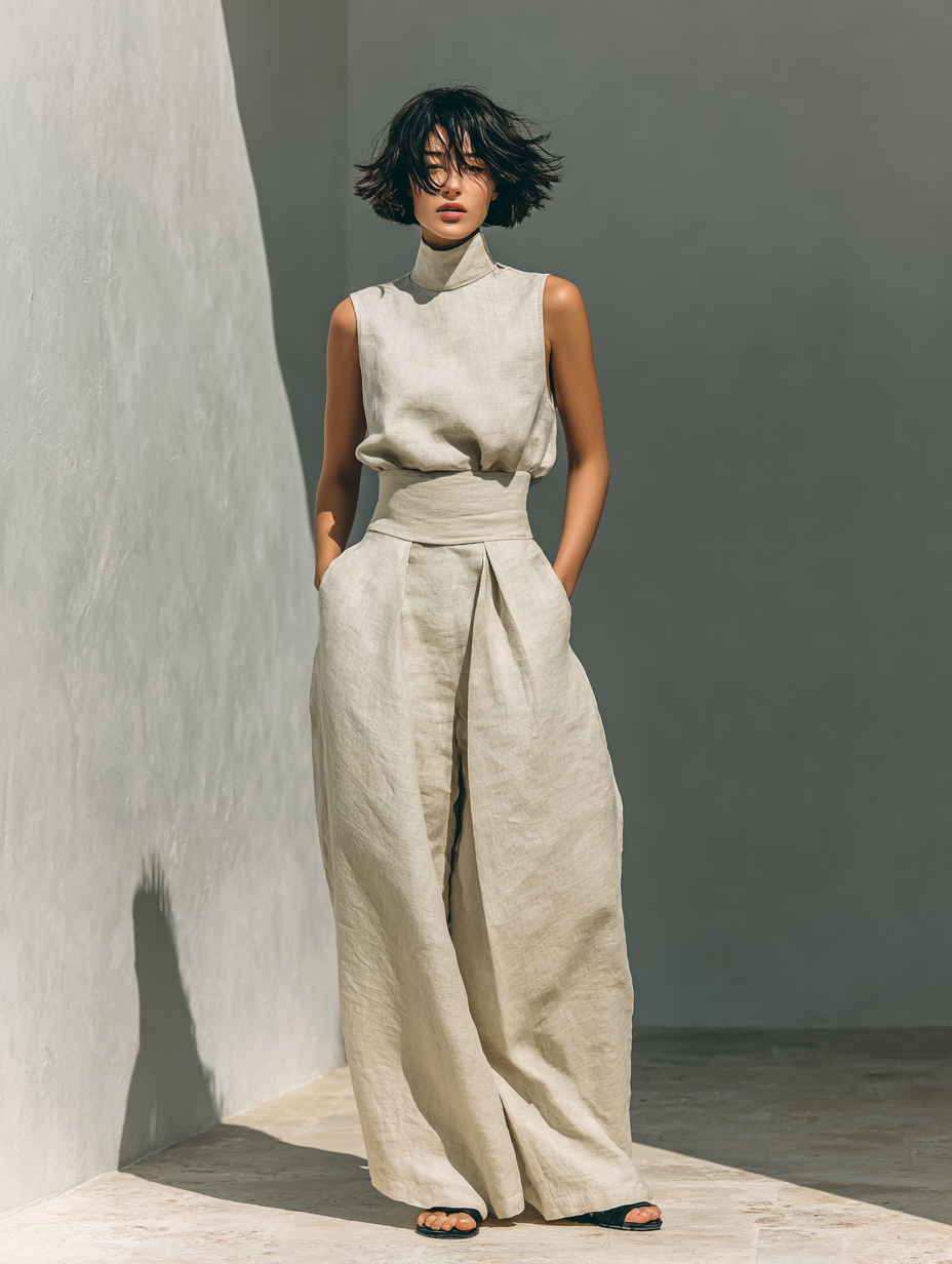 MARIA ∙ CONJUNTO MINIMALISTA DE TOP DE TIRANTES Y PANTALÓN ANCHO DE LINO