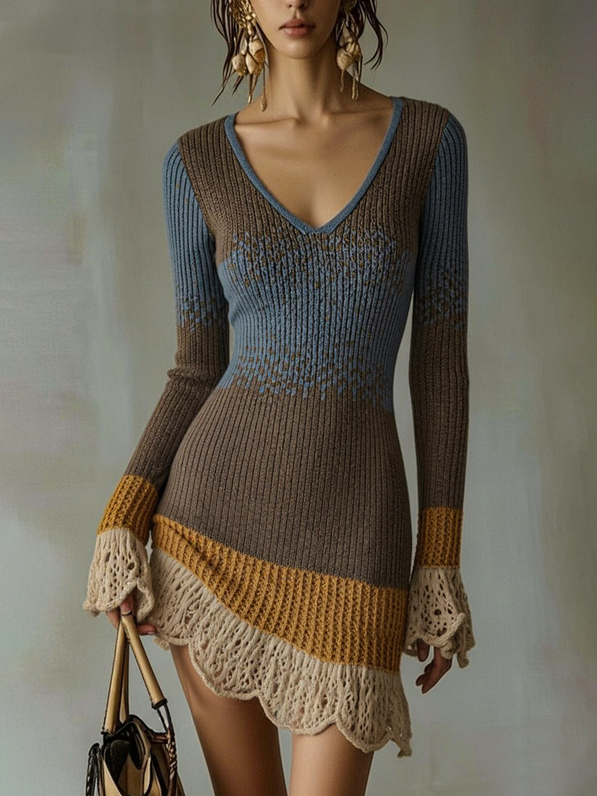 CELESTINA | VESTIDO MINI DE PUNTO MULTICOLOR CON RIBETE DE VOLANTES DE ENCAJE