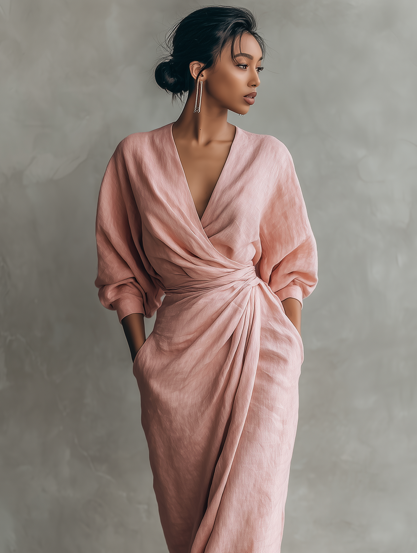 CLARA ∙ VESTIDO MAXI MINIMALISTA ROSA CON ESCOTE EN V DE MEZCLA DE LINO