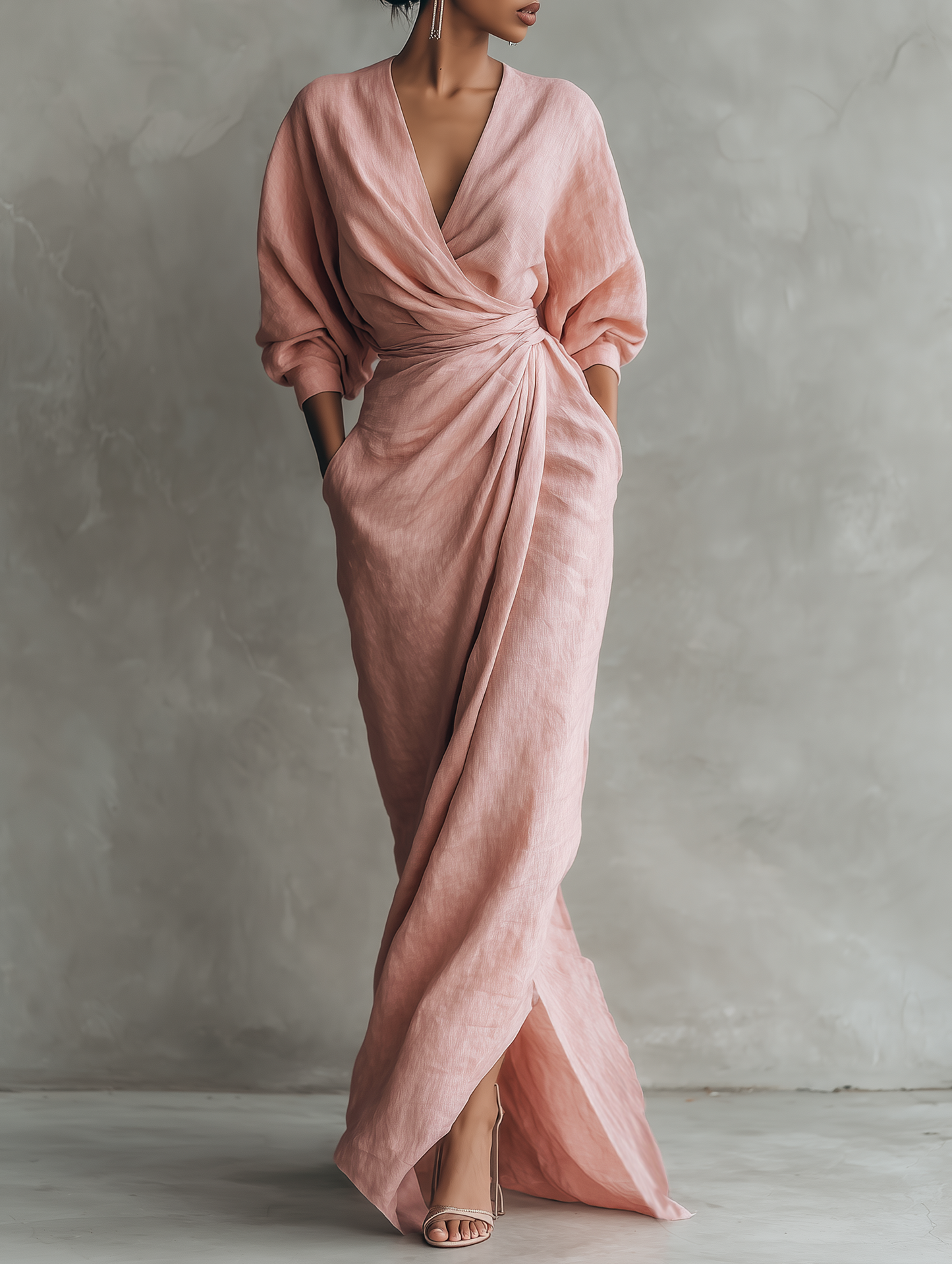 CLARA ∙ VESTIDO MAXI MINIMALISTA ROSA CON ESCOTE EN V DE MEZCLA DE LINO