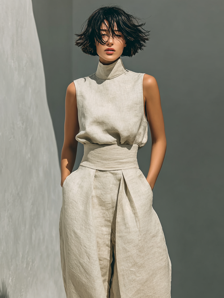 MARIA ∙ CONJUNTO MINIMALISTA DE TOP DE TIRANTES Y PANTALÓN ANCHO DE LINO