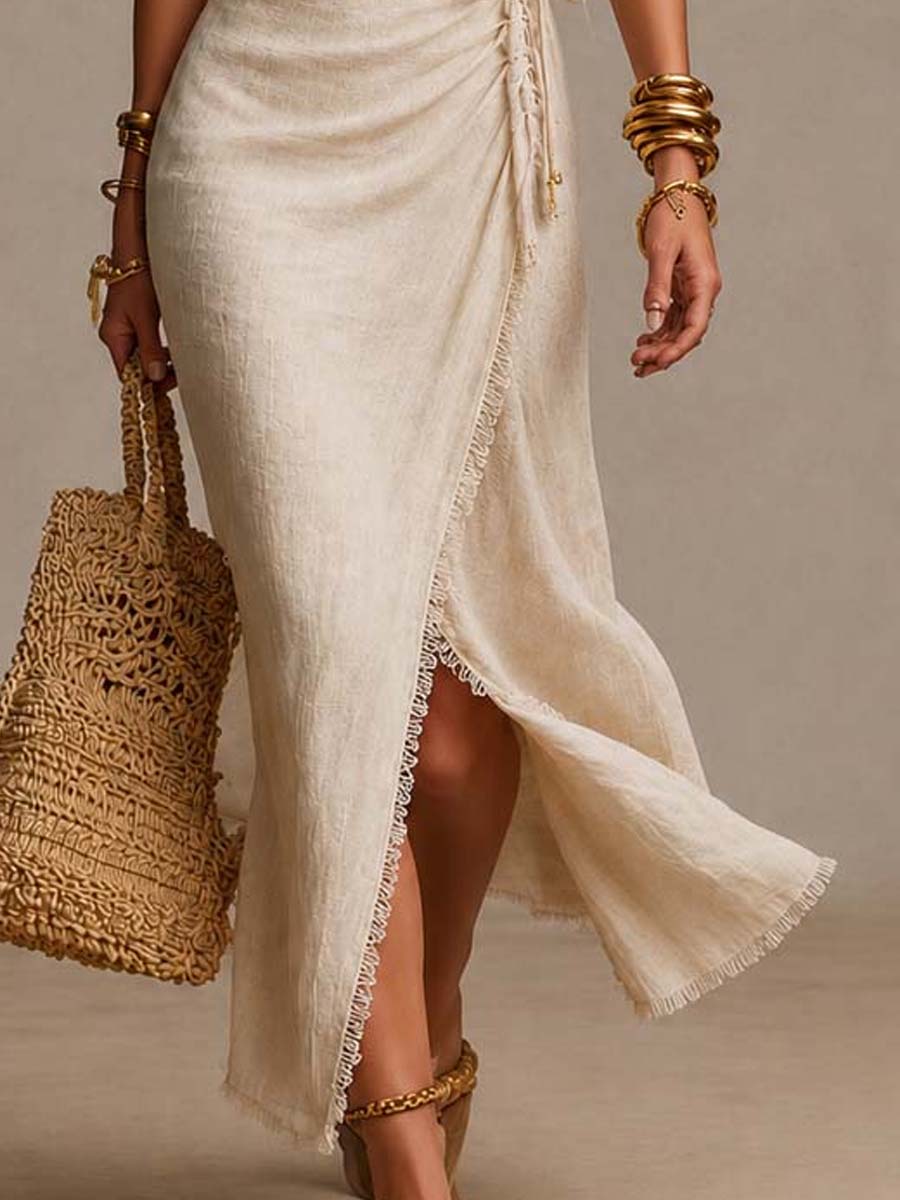 TESSA | VESTIDO MIDI DE LINO NATURAL CON DISEÑO CRUZADO, VOLANTES Y BAJO DE ENCAJE