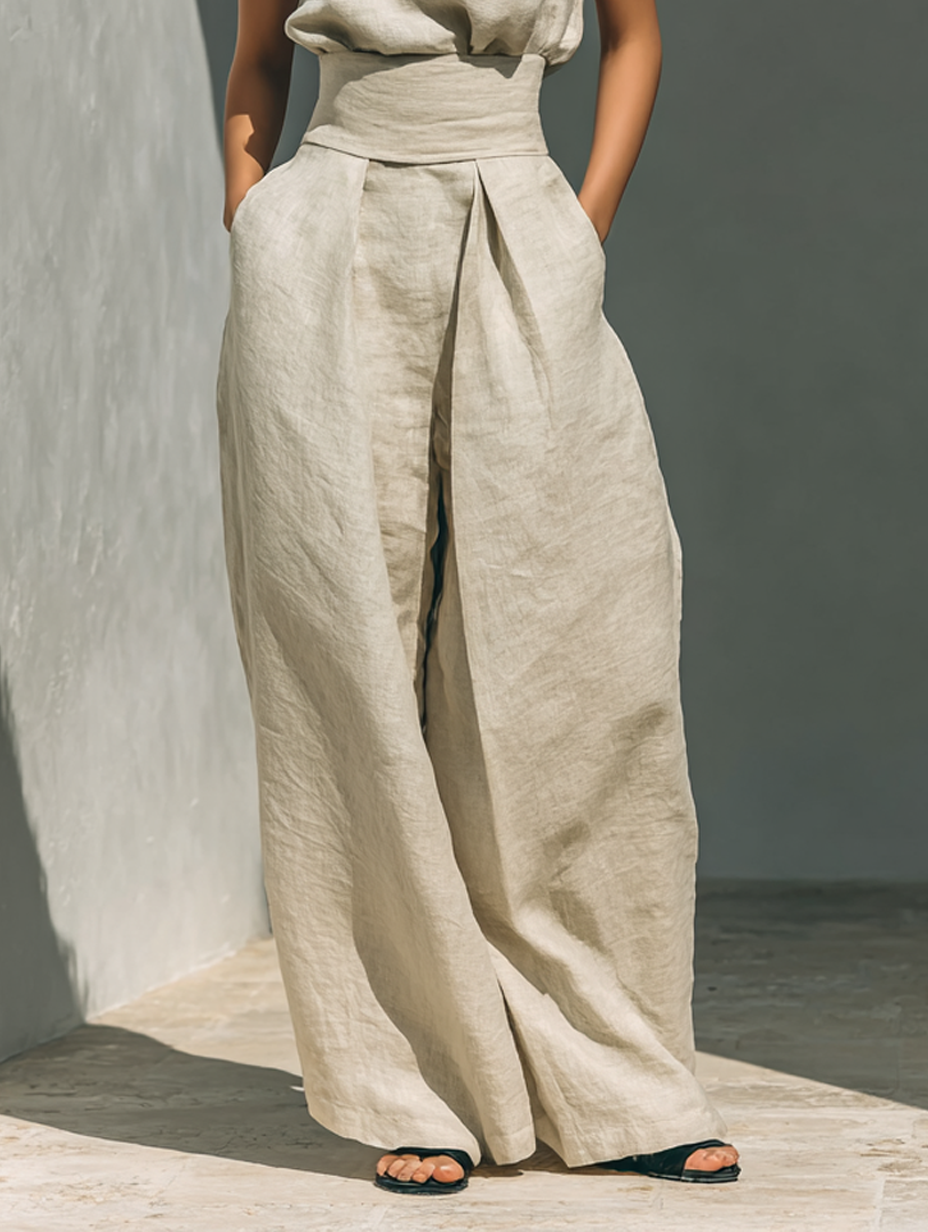 MARIA ∙ CONJUNTO MINIMALISTA DE TOP DE TIRANTES Y PANTALÓN ANCHO DE LINO