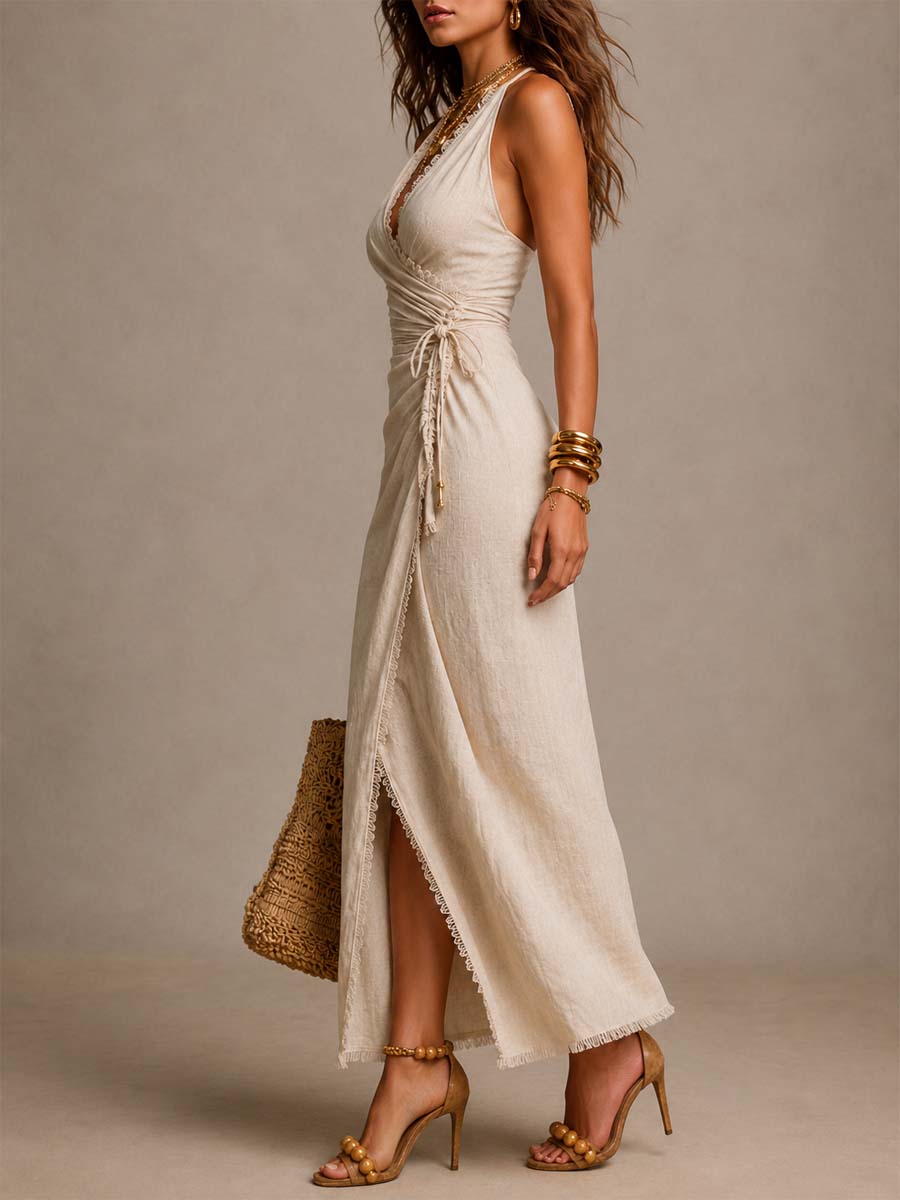 TESSA | VESTIDO MIDI DE LINO NATURAL CON DISEÑO CRUZADO, VOLANTES Y BAJO DE ENCAJE