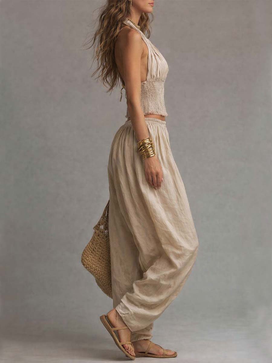 SOFÍA | CONJUNTO BOHO DE ALGODÓN-LINO NATURAL DE DOS PIEZAS: TOP CROP HALTER FRUNCIDO Y PANTALÓN HAREM