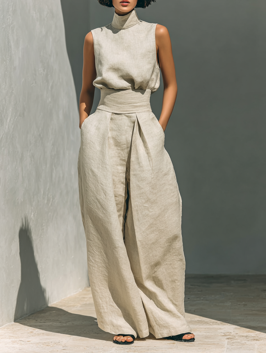 MARIA ∙ CONJUNTO MINIMALISTA DE TOP DE TIRANTES Y PANTALÓN ANCHO DE LINO