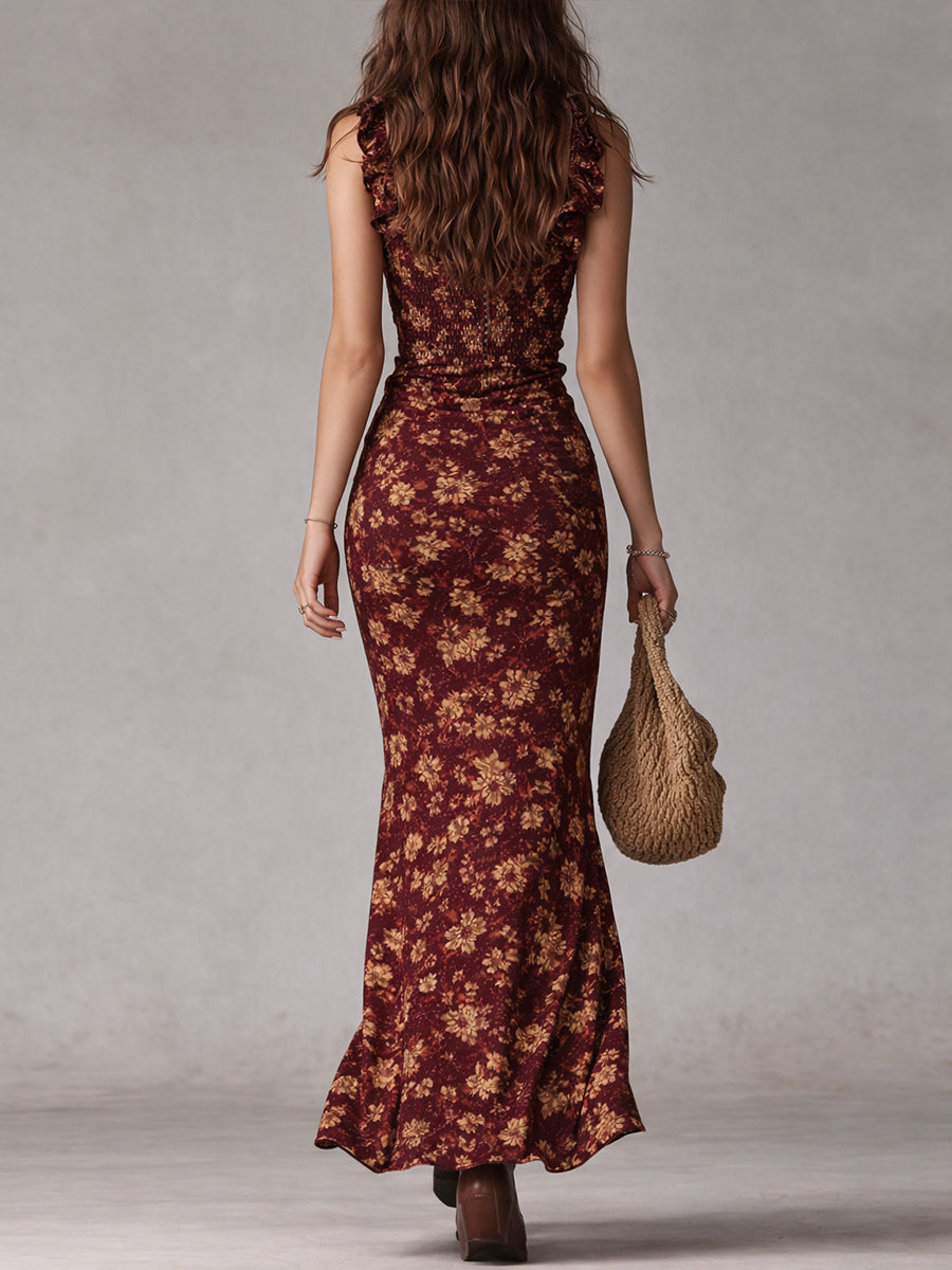 CAMILA | MAXI VESTIDO BOHO RETRO DE LINO CON MANGAS DE VOLANTES Y ABERTURA ALTA