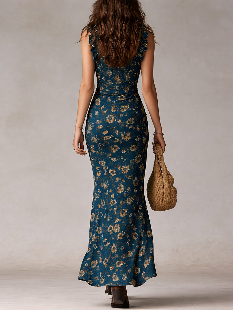 CAMILA | MAXI VESTIDO BOHO RETRO DE LINO CON MANGAS DE VOLANTES Y ABERTURA ALTA