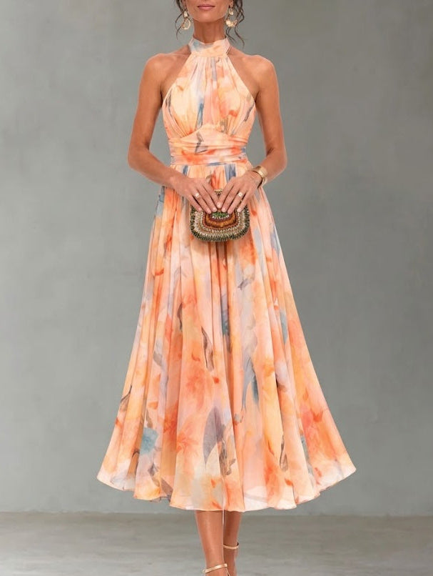 AURORA · VESTIDO CON ESCOTE ESPALDA DESCUBIERTA ESTAMPADO ACUARELA