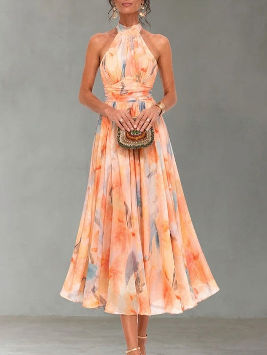 AURORA · VESTIDO CON ESCOTE ESPALDA DESCUBIERTA ESTAMPADO ACUARELA