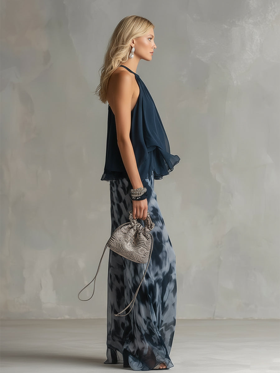 LUDOVICA ∙ CONJUNTO DE GASA CON TOP DE CUELLO ALTO Y PANTALÓN ANCHO ESTAMPADO
