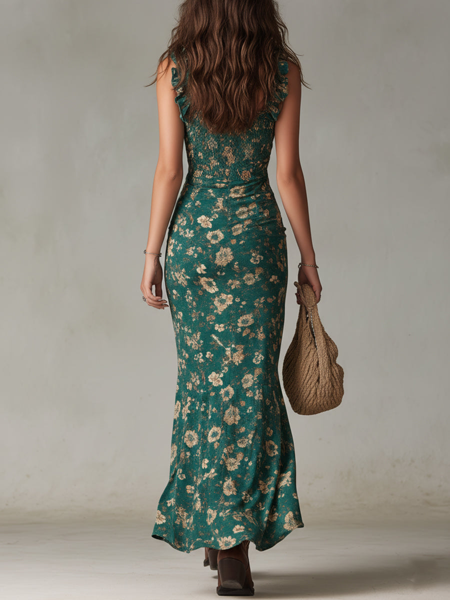 CAMILA | MAXI VESTIDO BOHO RETRO DE LINO CON MANGAS DE VOLANTES Y ABERTURA ALTA
