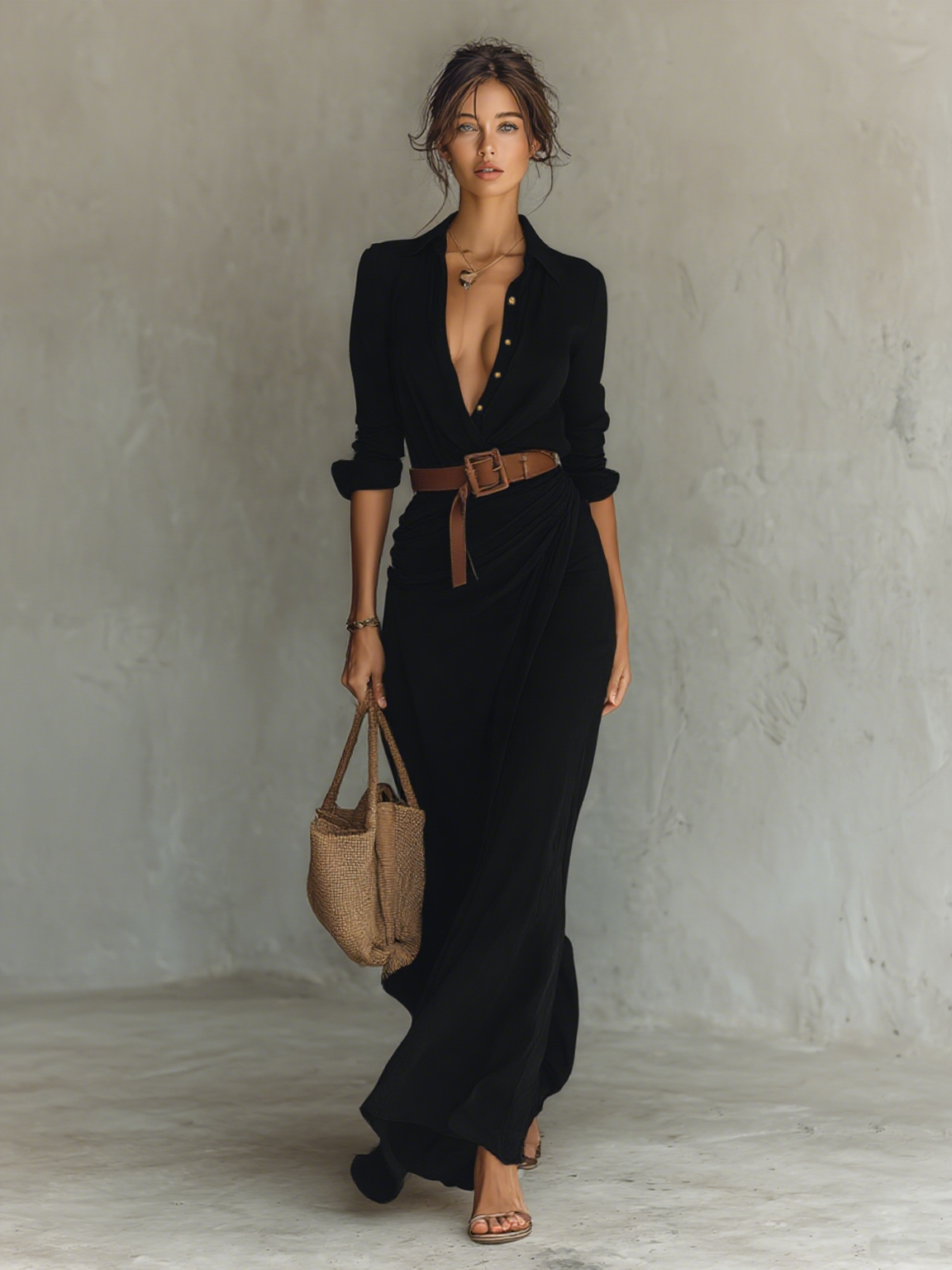 VALENTINA | VESTIDO MAXI CON CUELLO SOLAPA Y MANGA LARGA
