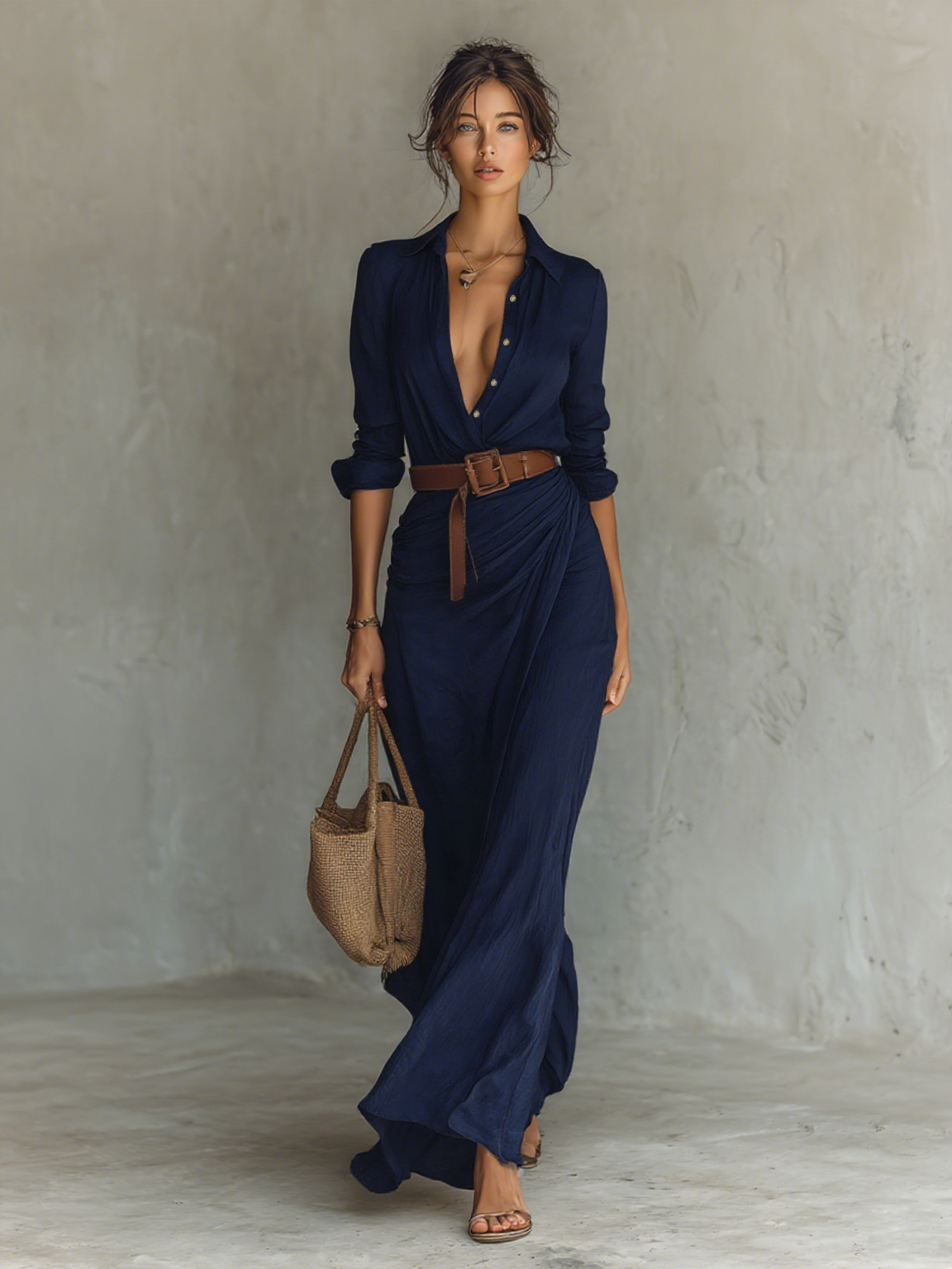 VALENTINA | VESTIDO MAXI CON CUELLO SOLAPA Y MANGA LARGA
