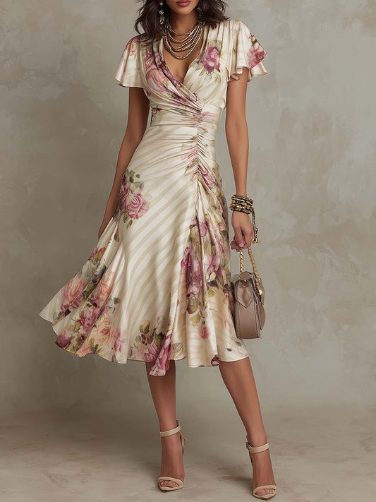 ALBA ∙ VESTIDO MIDI FLORAL ESTILO RETRO CON MANGAS DE VOLANTES