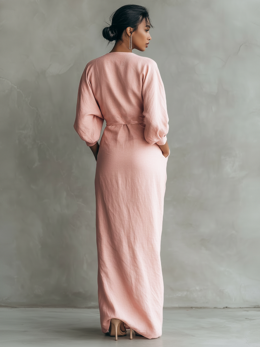 CLARA ∙ VESTIDO MAXI MINIMALISTA ROSA CON ESCOTE EN V DE MEZCLA DE LINO