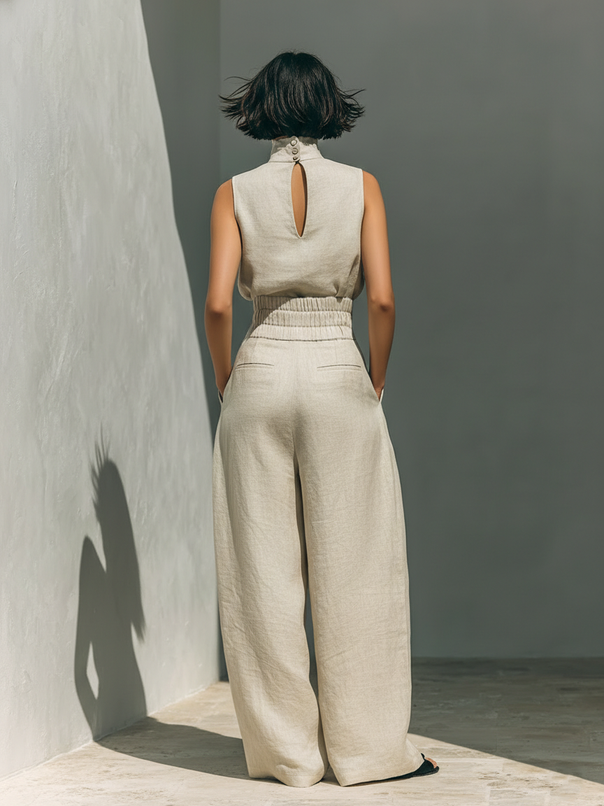 MARIA ∙ CONJUNTO MINIMALISTA DE TOP DE TIRANTES Y PANTALÓN ANCHO DE LINO