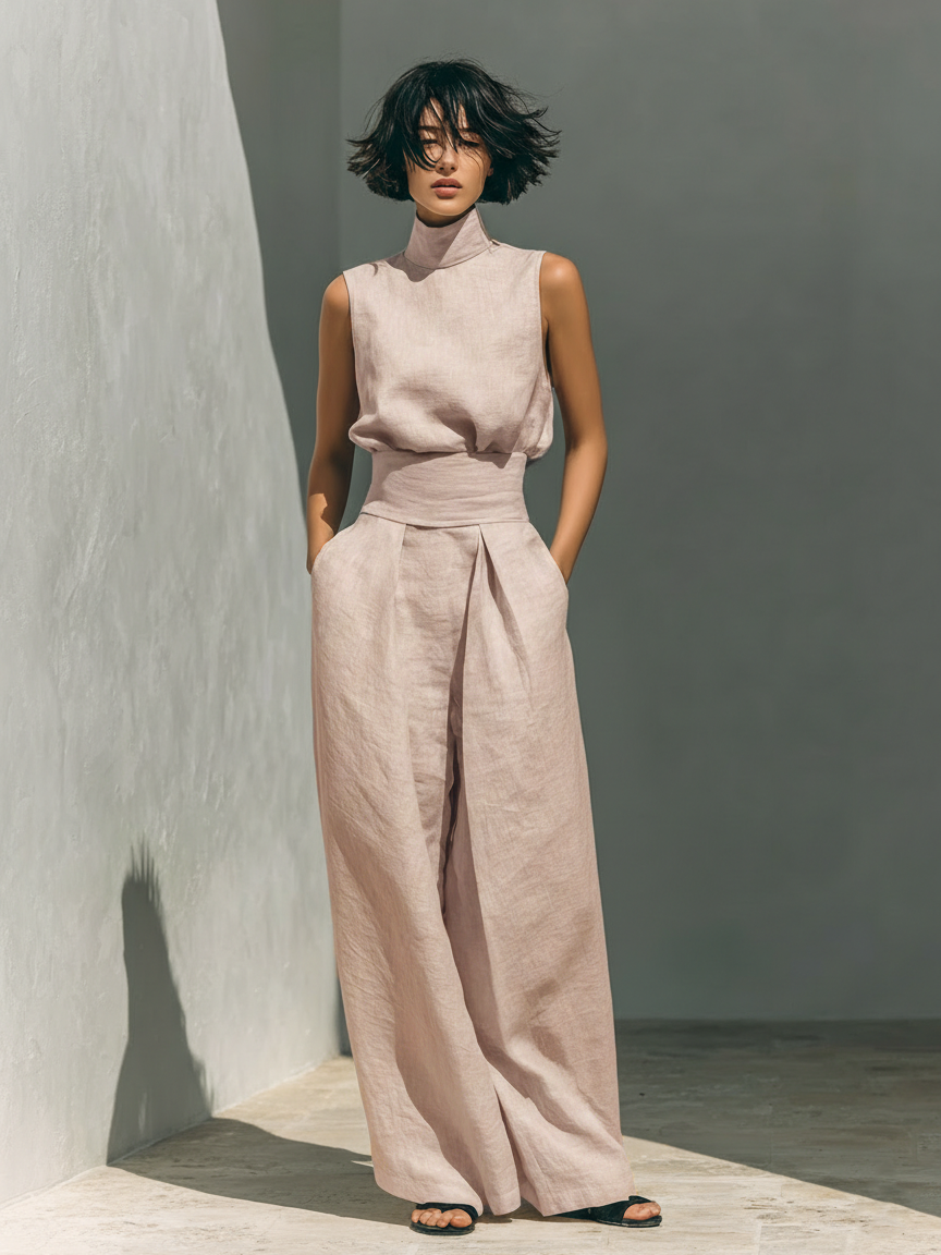 MARIA ∙ CONJUNTO MINIMALISTA DE TOP DE TIRANTES Y PANTALÓN ANCHO DE LINO