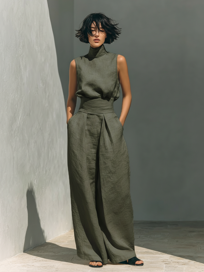 MARIA ∙ CONJUNTO MINIMALISTA DE TOP DE TIRANTES Y PANTALÓN ANCHO DE LINO