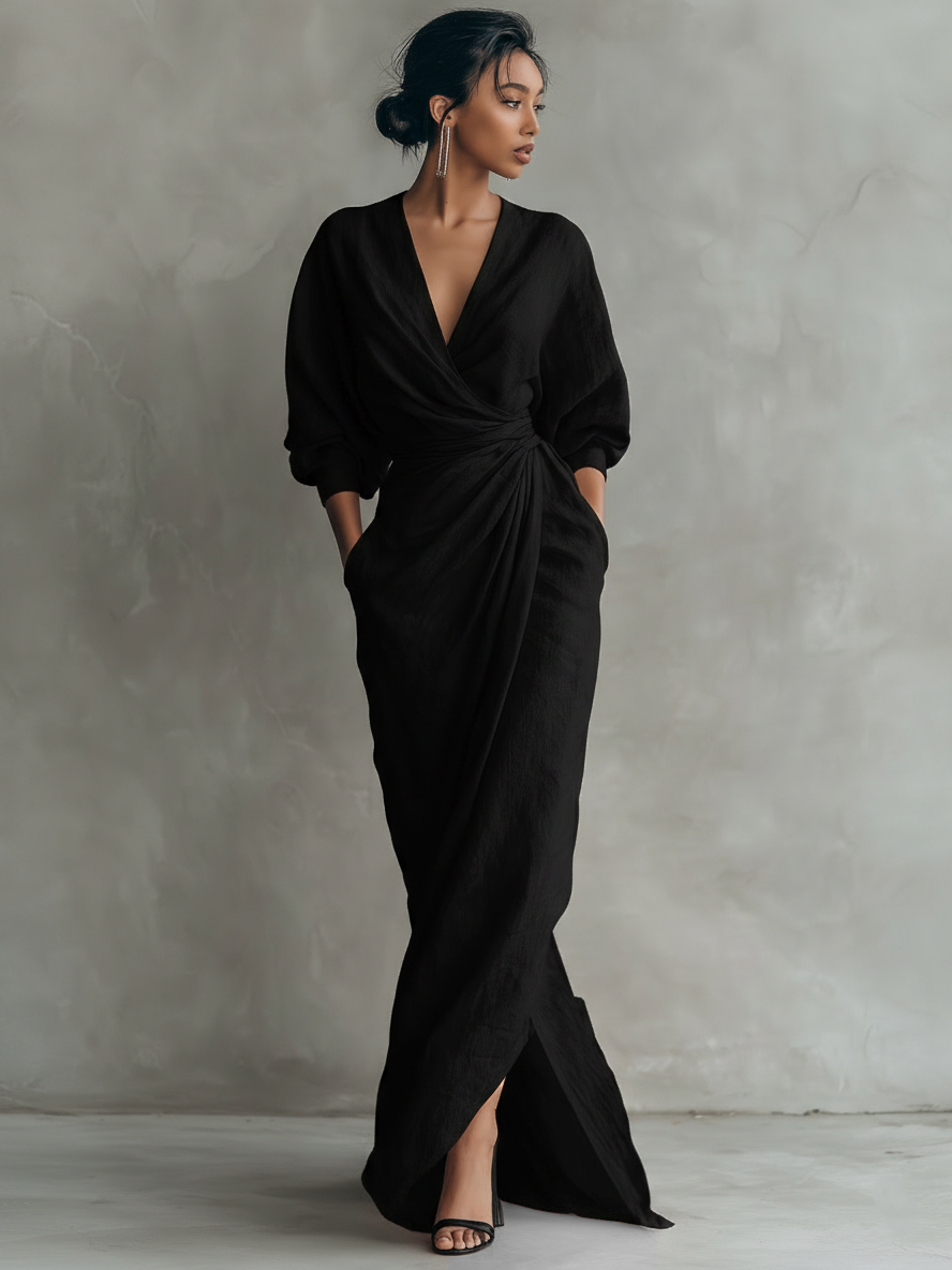 CLARA ∙ VESTIDO MAXI MINIMALISTA ROSA CON ESCOTE EN V DE MEZCLA DE LINO