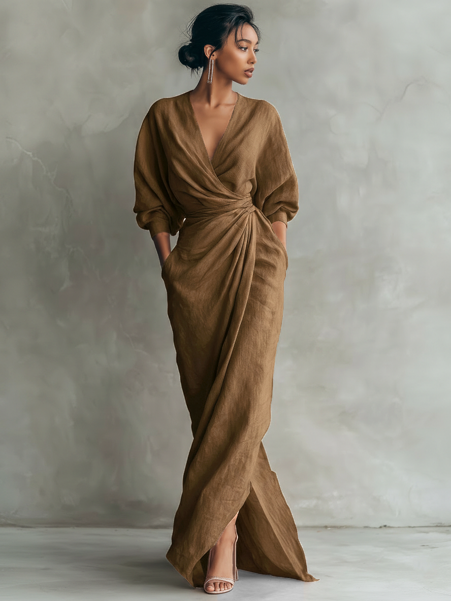 CLARA ∙ VESTIDO MAXI MINIMALISTA ROSA CON ESCOTE EN V DE MEZCLA DE LINO