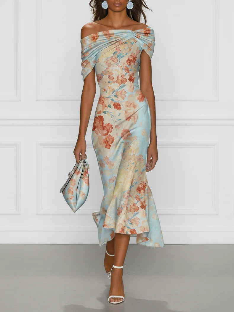 VICTORIA ∙ VESTIDO MIDI SIRENA CON HOMBROS DESCUBIERTOS Y ESTAMPADO FLORAL AZUL