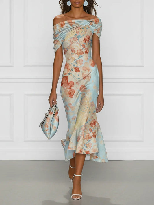 VICTORIA ∙ VESTIDO MIDI SIRENA CON HOMBROS DESCUBIERTOS Y ESTAMPADO FLORAL AZUL