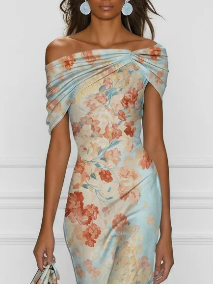 VICTORIA ∙ VESTIDO MIDI SIRENA CON HOMBROS DESCUBIERTOS Y ESTAMPADO FLORAL AZUL