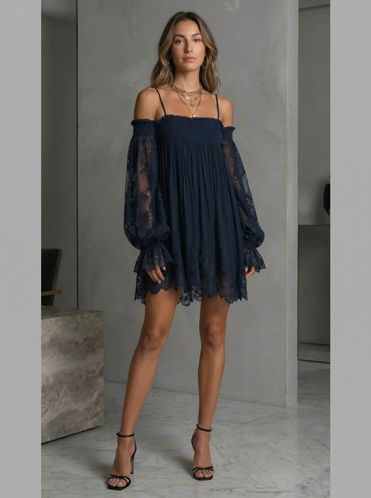 NOEMI ∙ VESTIDO MINI DE GASA CON HOMBROS DESCUBIERTOS Y BORDE DE ENCAJE