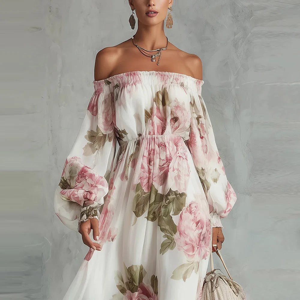 PEONÍA | VESTIDO MAXI FLORAL DE HOMBROS DESCUBIERTOS Y MANGA LARGA