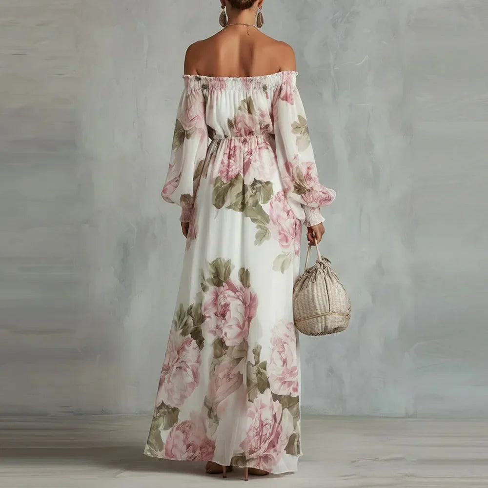 PEONÍA | VESTIDO MAXI FLORAL DE HOMBROS DESCUBIERTOS Y MANGA LARGA