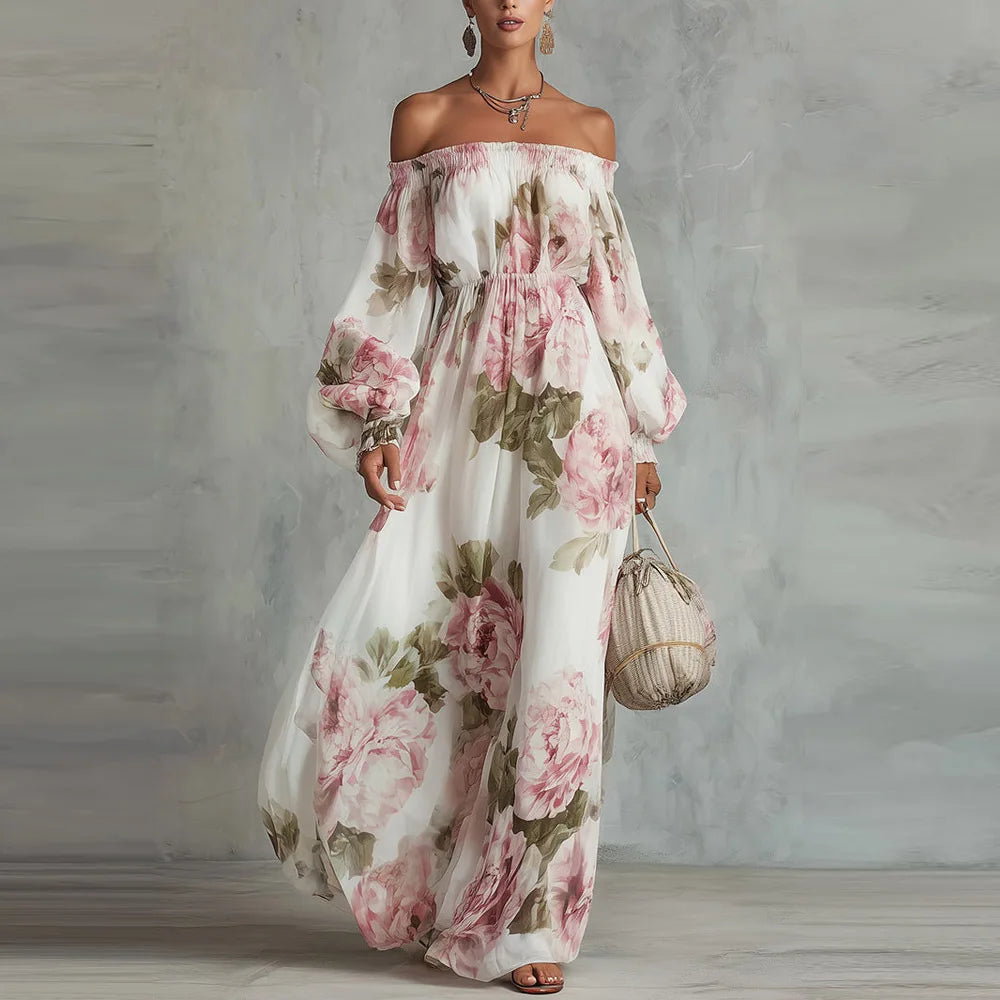 PEONÍA | VESTIDO MAXI FLORAL DE HOMBROS DESCUBIERTOS Y MANGA LARGA