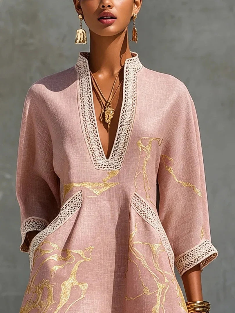 LEONOR | VESTIDO MINI DE ENCAJE CROCHET MARFIL CON DETALLES DORADOS Y ESCOTE EN V