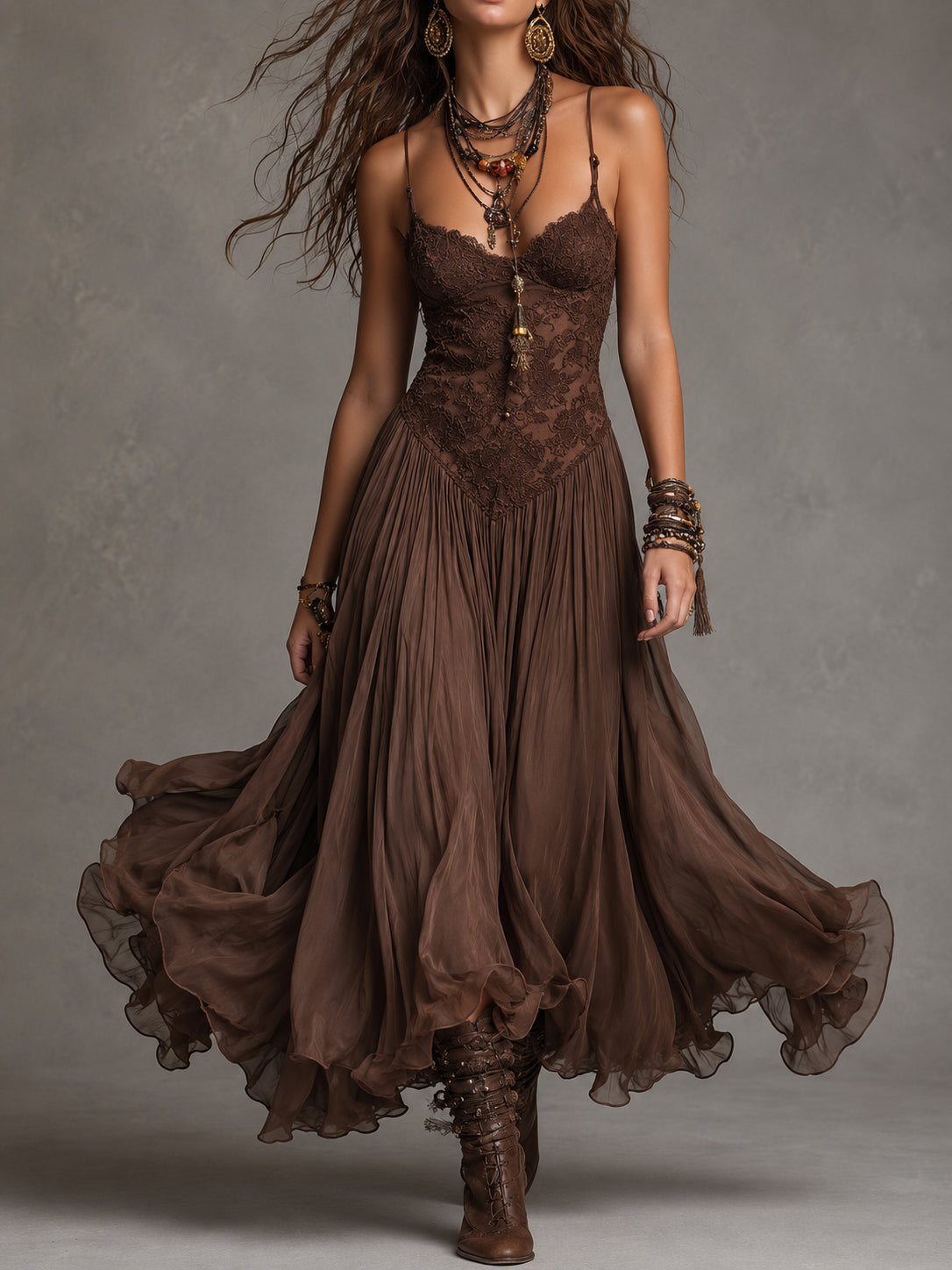 FEDERICA | VESTIDO MAXI DE GASA Y ENCAJE MARRÓN